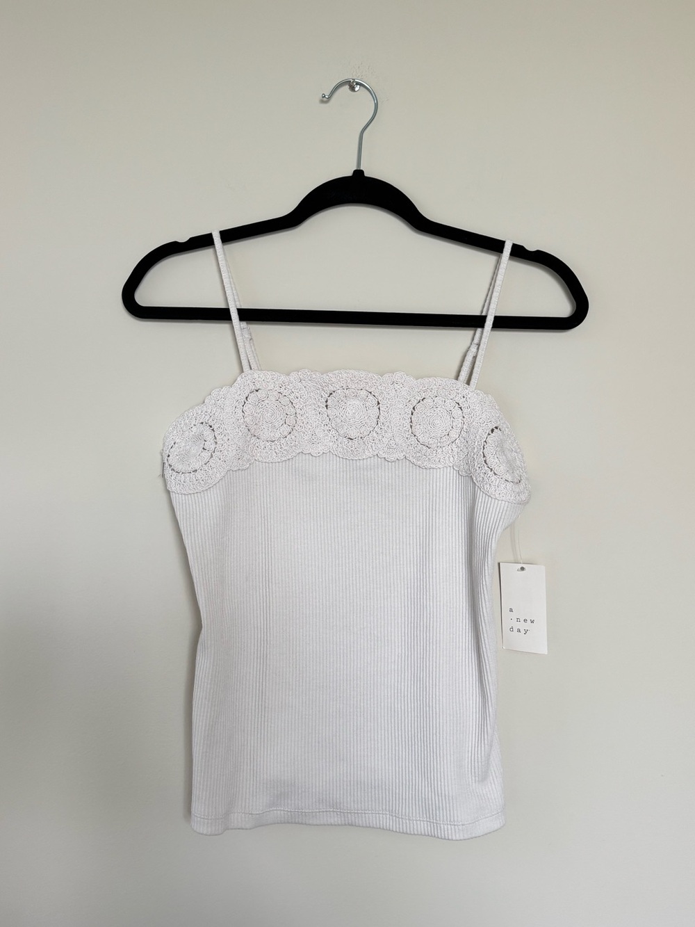 a new day White Crochet-Trim Ribbed Cami